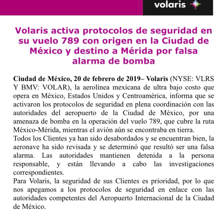 Falsa alarma de bomba obliga a cancelación de vuelo de Ciudad de México a Mérida - volaris