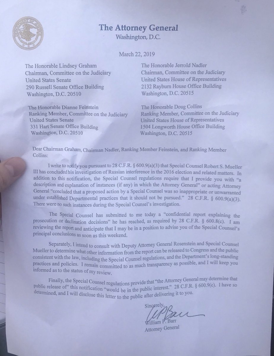 Mueller entrega el informe final de la investigación contra Trump - carta-ag-barr-investigacion-robert-mueller