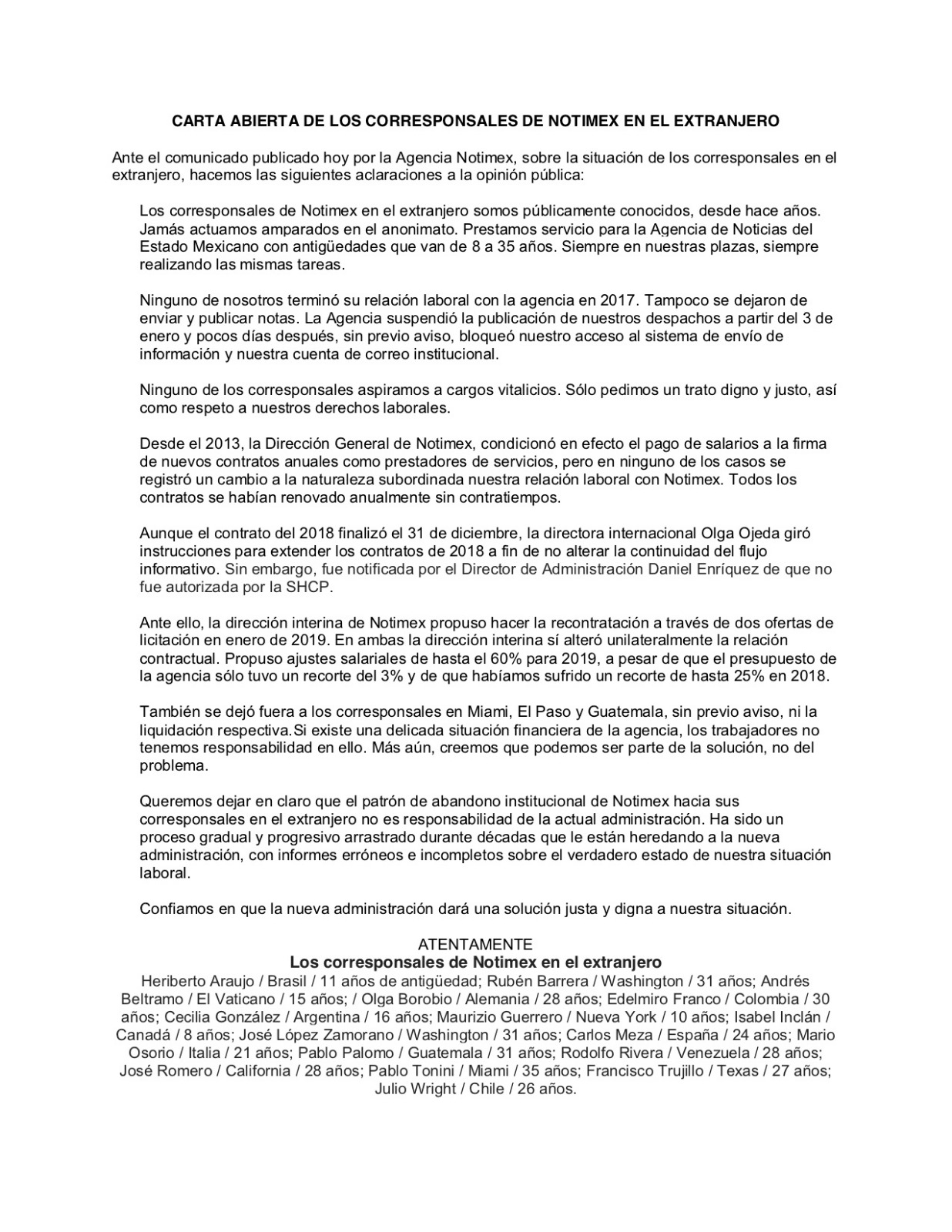 Corresponsales de Notimex piden respeto a sus derechos laborales - carta-corresponsales-notimex