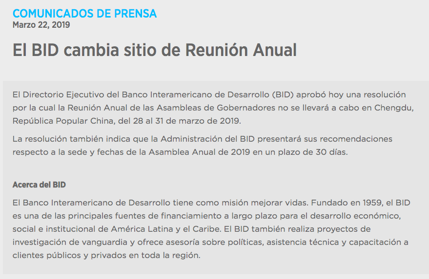 BID cancela reunión anual en China por negarle visa a delegado nombrado por Guaidó - comunicado-de-prensa-bid