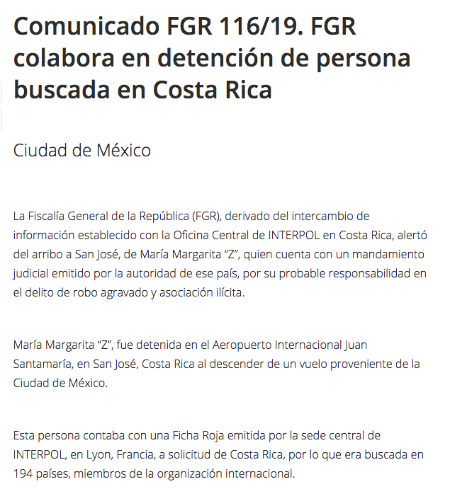 Con ayuda de FGR, capturan en Costa Rica a mujer integrante de 'Los Mazos' - comunicado-fgr