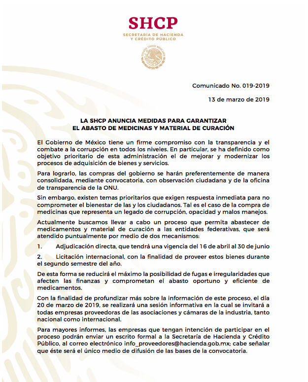 SHCP anuncia medidas para garantizar abasto de medicamentos y materiales de curación - comunicado-shcp