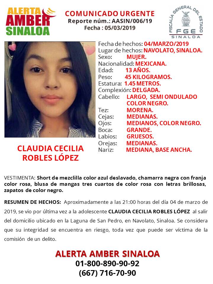 Desaparece menor por segunda vez en Navolato, Sinaloa - joven-desaparecida-navolato-sinaloa-claudia-cecilia-robles-lopez