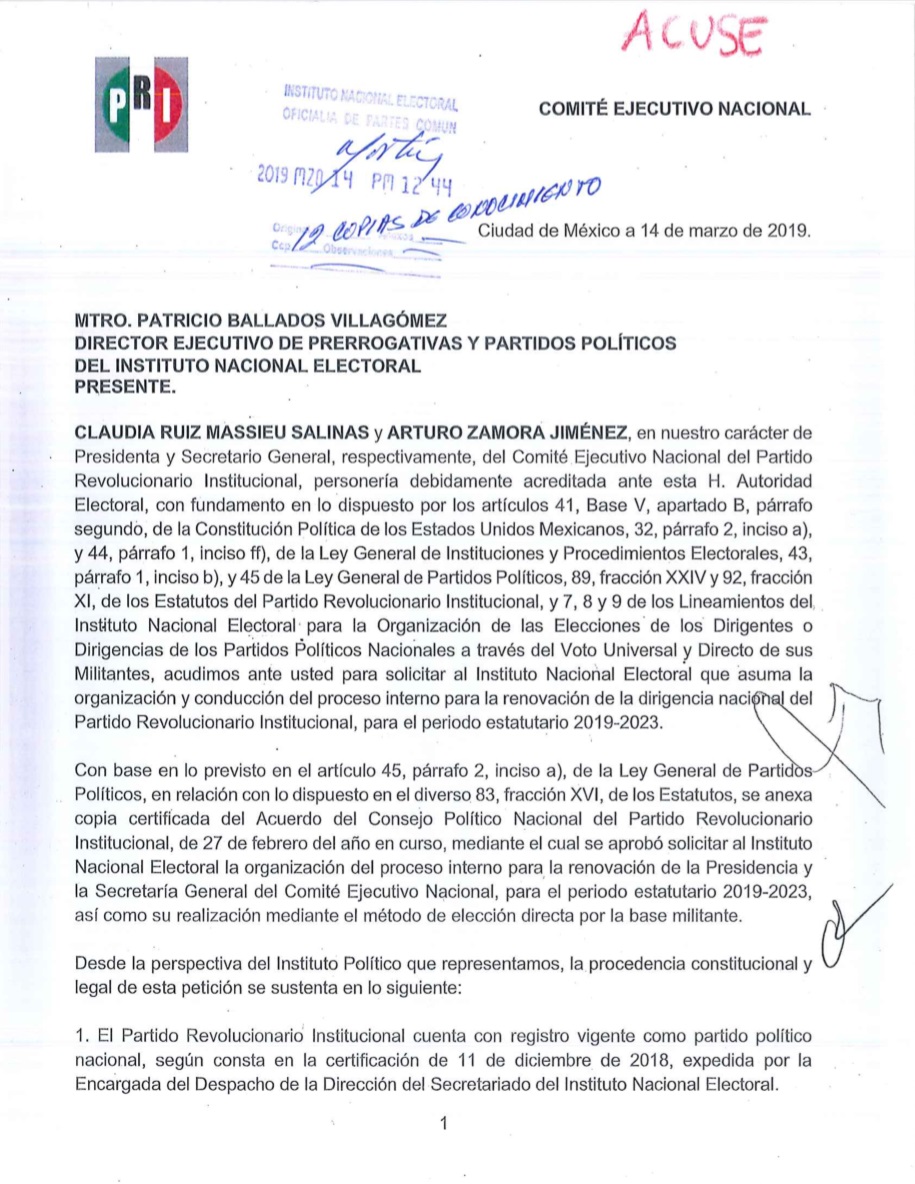 PRI solicita al INE organizar la renovación de su dirigencia nacional - primera-pagina-de-la-solicitud-del-pri-al-ine