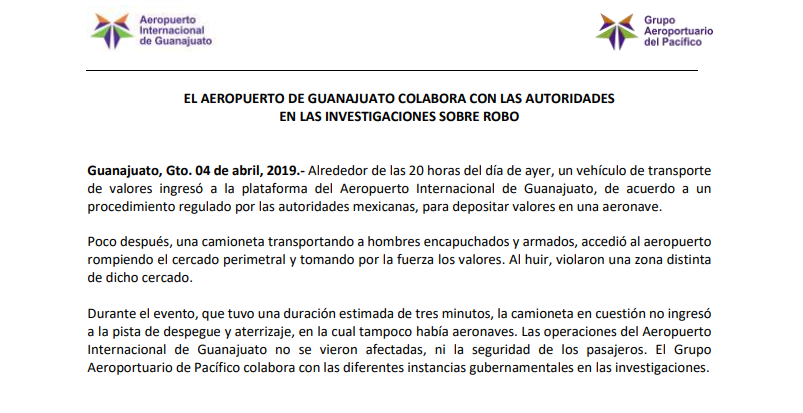 Robo en aeropuerto de Guanajuato duró tres minutos - aeropuerto-guenajuato-robo