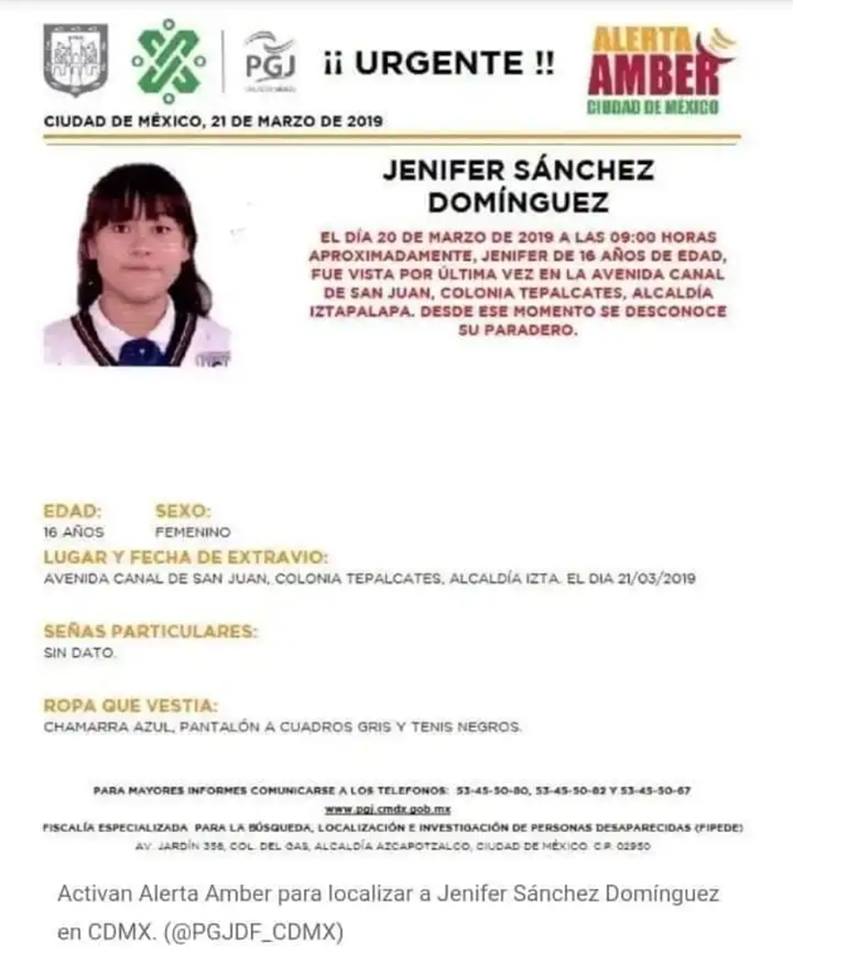 Hallan muerta a alumna del CCH Oriente reportada como desaparecida - alerta-amber-jenifer-sanchez