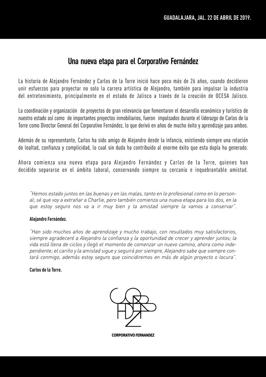 El Potrillo y Carlos de la Torre terminan relación laboral de 26 años, pero permanece la relación de amistad - comunicado-de-alejandro-fernandez