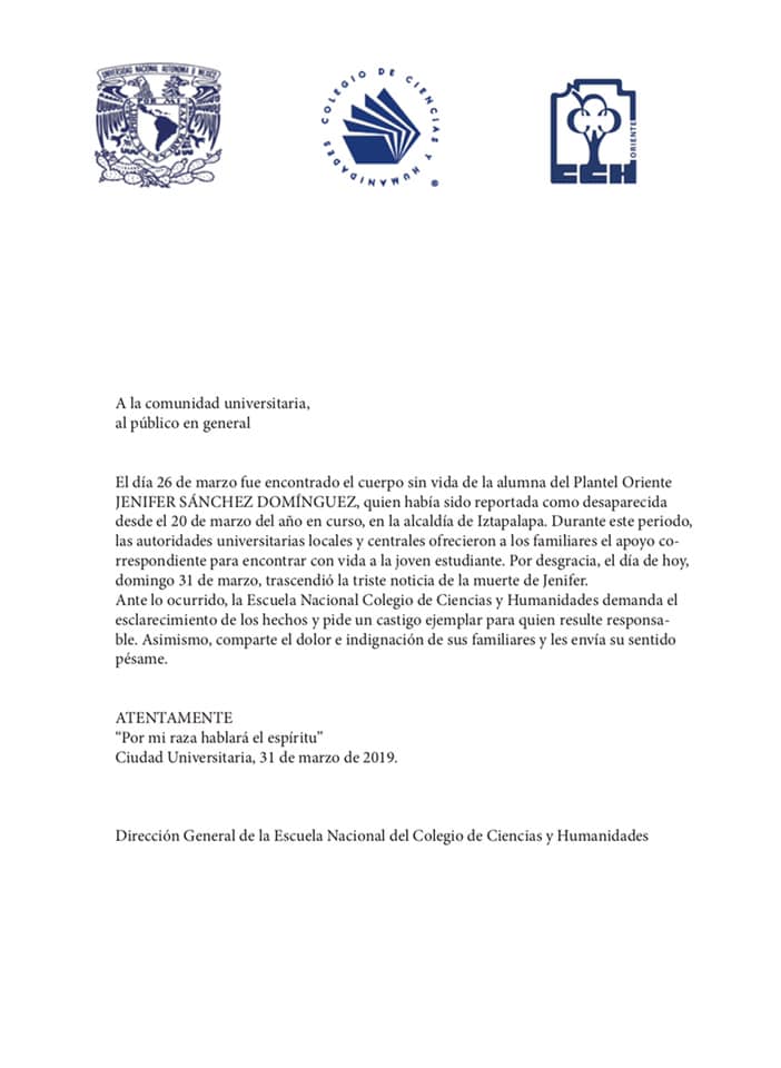 Hallan muerta a alumna del CCH Oriente reportada como desaparecida - comunicado-del-cch-oriente-sobre-muerte-de-alumna