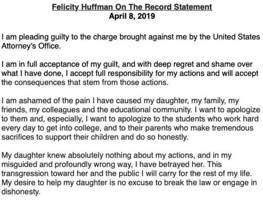 Felicity Huffman se declarará culpable por sobornos a universidad - comunicado-felicity-huffman