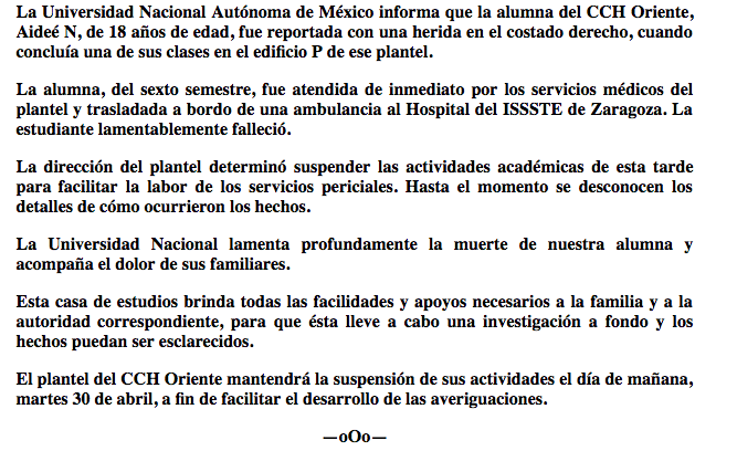 UNAM confirma muerte de alumna del CCH Oriente tras ser herida en el plantel - comunicado-unam