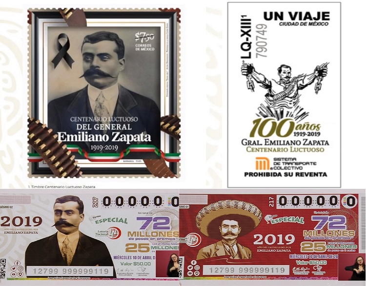 Timbre postal, boleto del Metro y boletos de lotería de Emiliano Zapata. Captura de pantalla