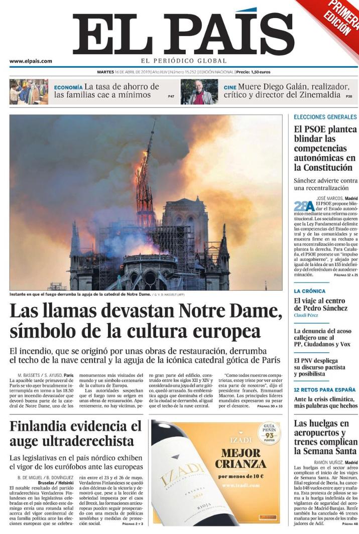 Las portadas de los medios tras el incendio en Notre-Dame - notre-dame-portadas-el-pais