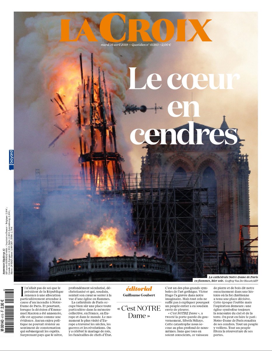 Las portadas de los medios tras el incendio en Notre-Dame - notre-dame-portadas-la-croix