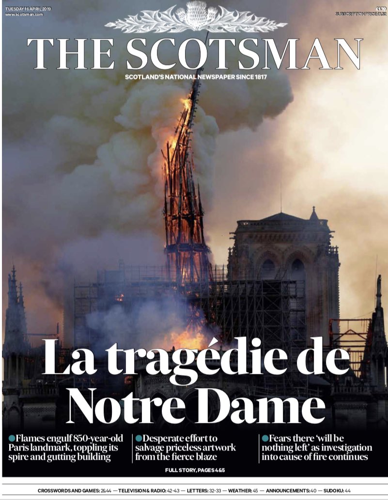 Las portadas de los medios tras el incendio en Notre-Dame - notre-dame-portadas-the-scotsman
