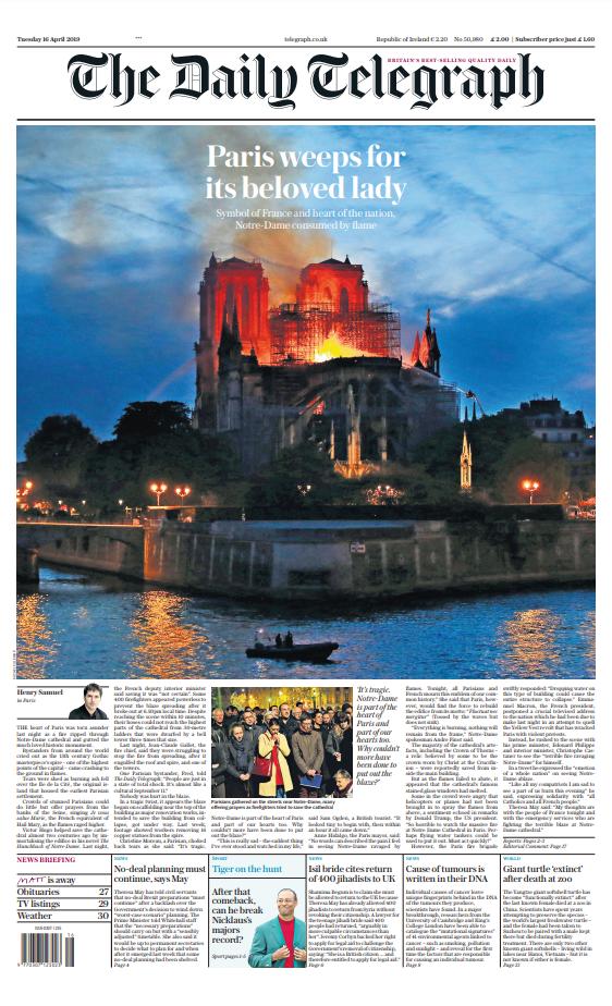 Las portadas de los medios tras el incendio en Notre-Dame - notre-dame-portadas-the-telegraph