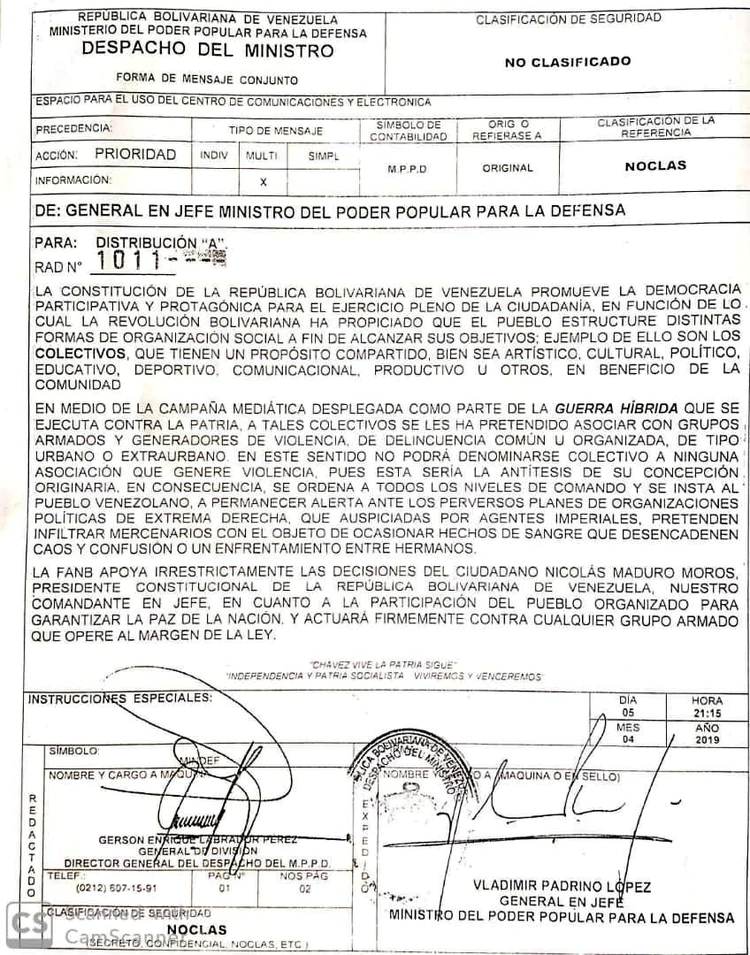 Ministro de Defensa de Venezuela ordena actuar contra grupos "armados" - padrino-lopez