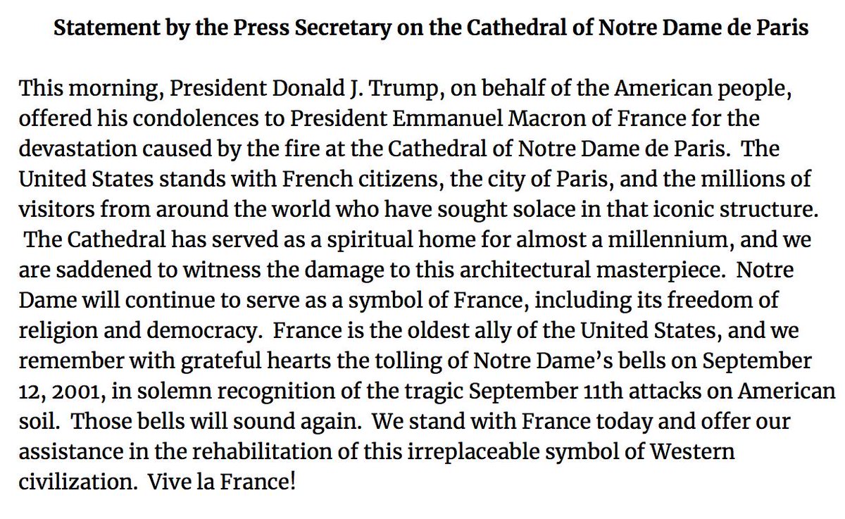 Trump envía condolencias por incendio en Notre-Dame - statement-president-trump