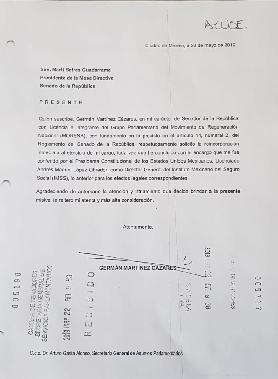 Germán Martínez solicita reincorporación al Senado - carta-de-german-martinez-reincorporacion-senado