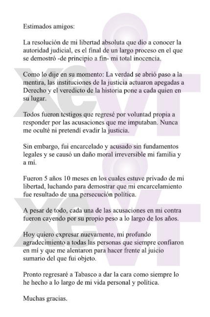 Fui objeto de una persecución política: Andrés Granier - carta-libertad-andres-granier