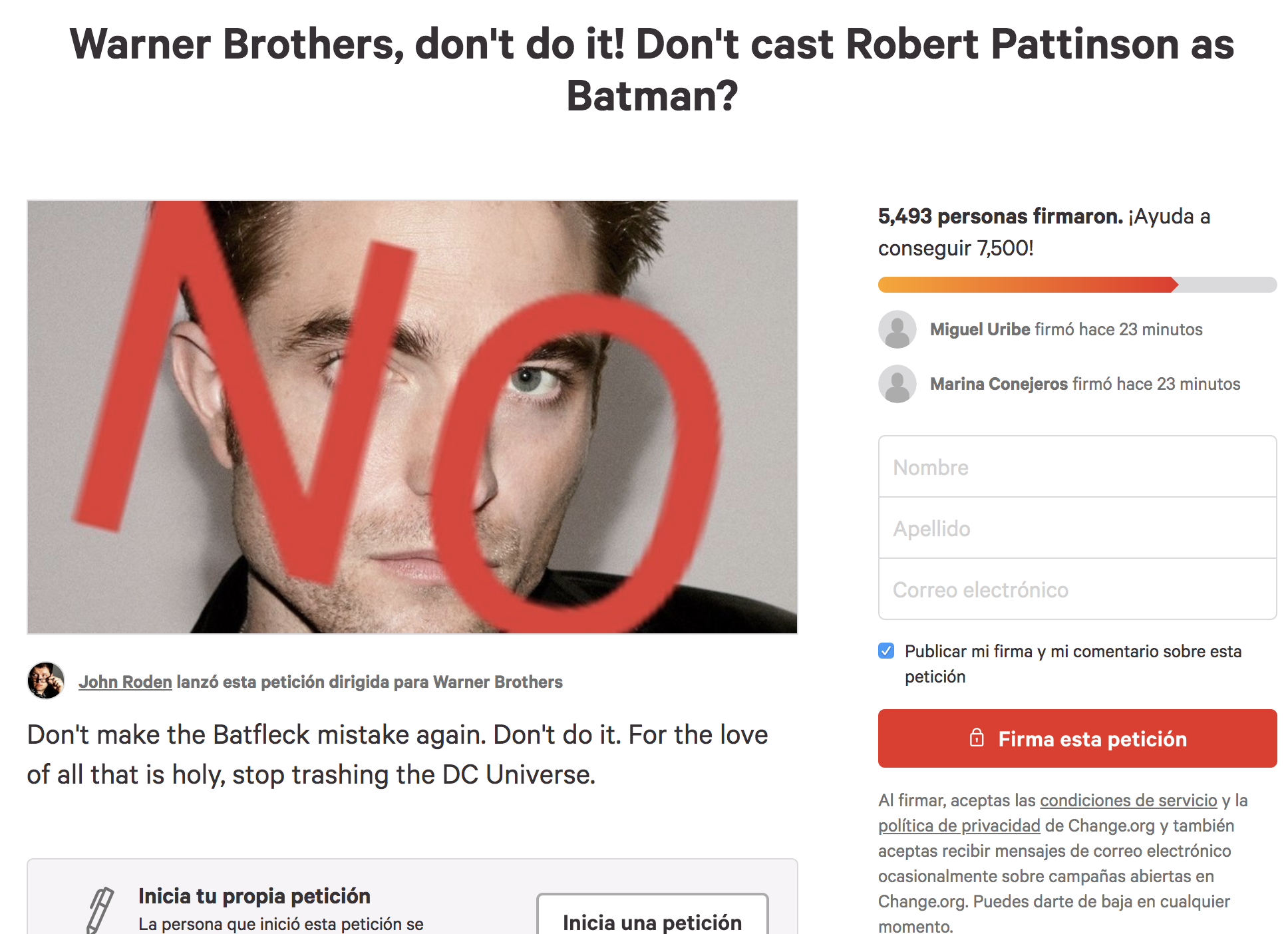 Crean petición para que Robert Pattinson no sea el próximo Batman - change-org-robert-pattinson