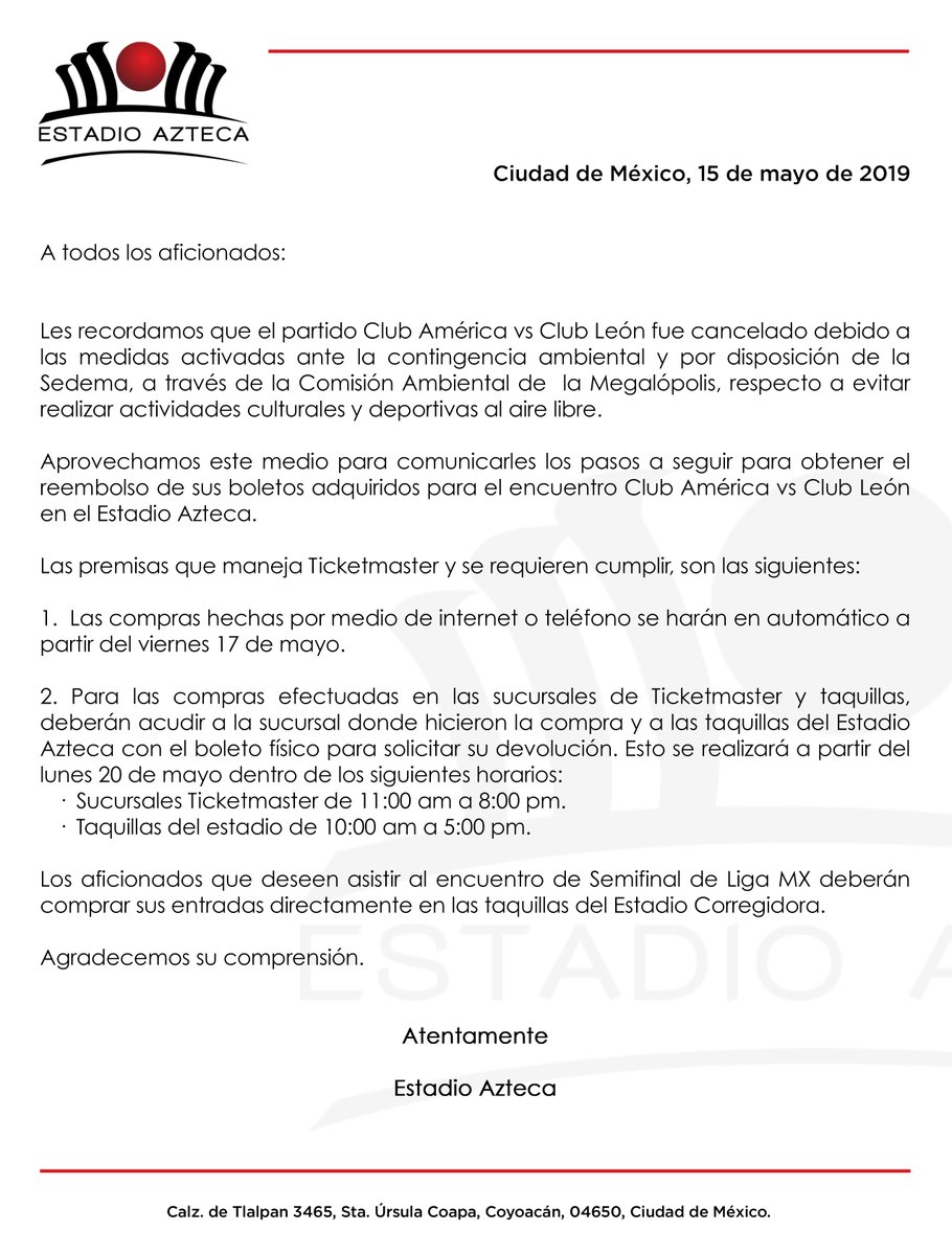 ¿Cómo solicitar reembolso del América vs León? - comunicado-estadio-azteca