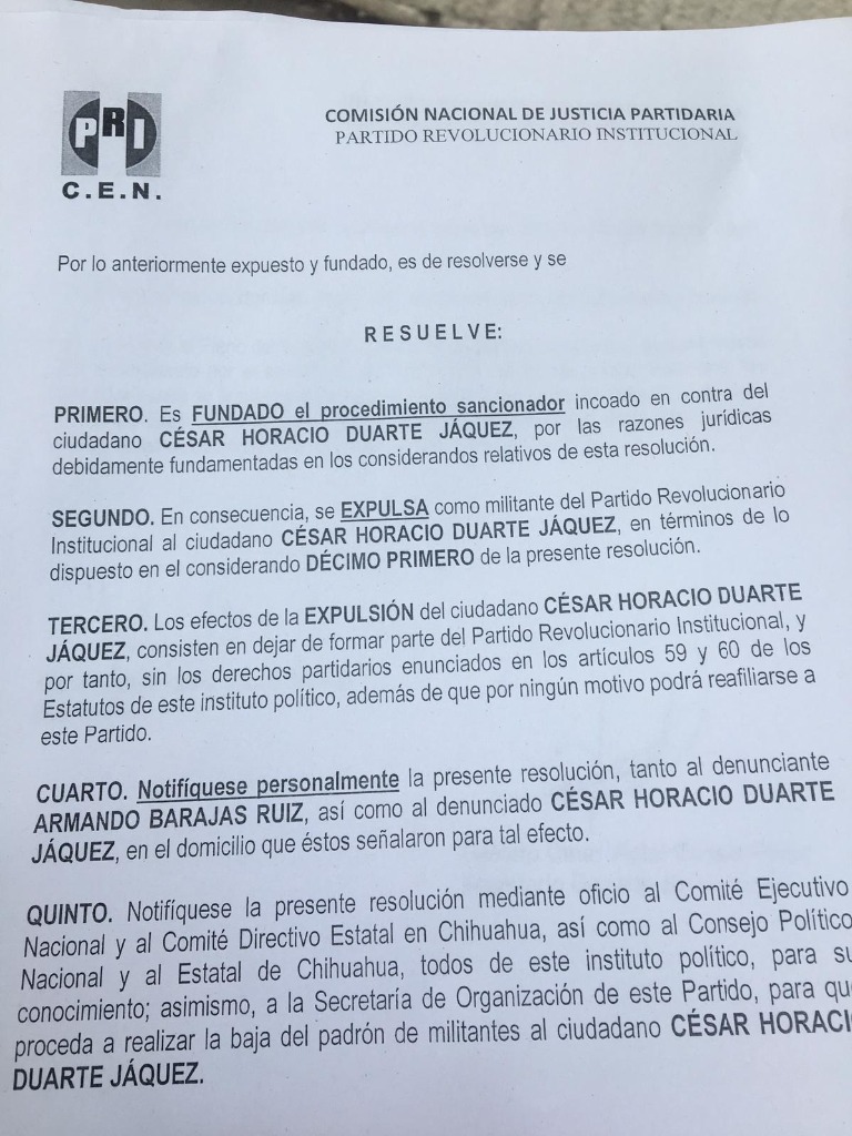 Expulsa el PRI a César Duarte - expulsado