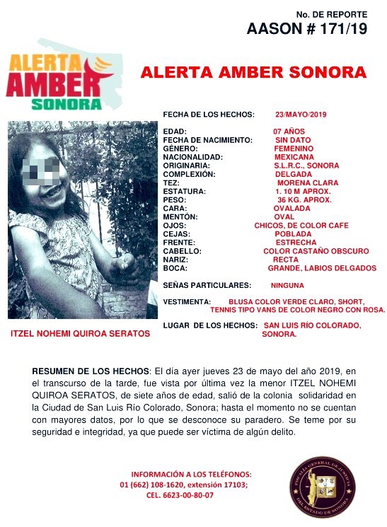 Hallan cadáver de niña de 7 años desaparecida en Sonora - itzel-nohemi