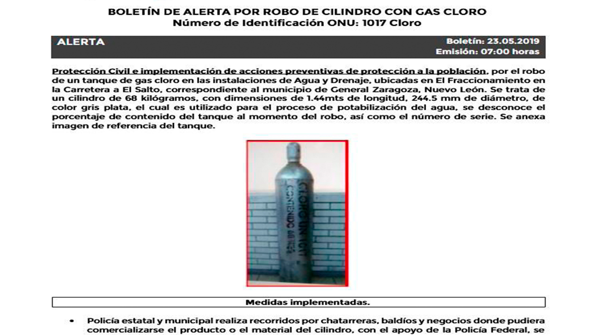 Alertan por robo de cilindro con gas tóxico en Nuevo León