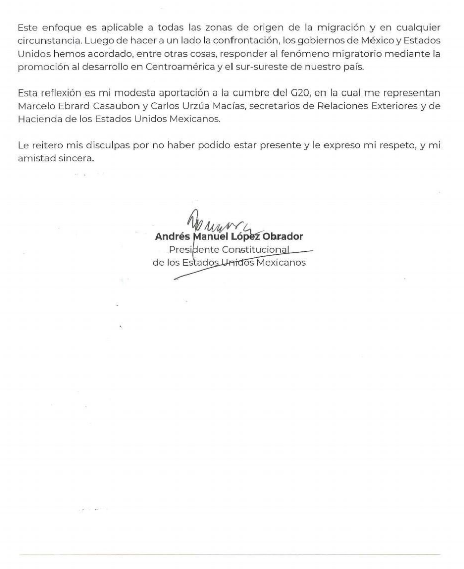 AMLO no asiste al G-20 por atender retos urgentes; destaca migración - carta-amlo-al-g20-2