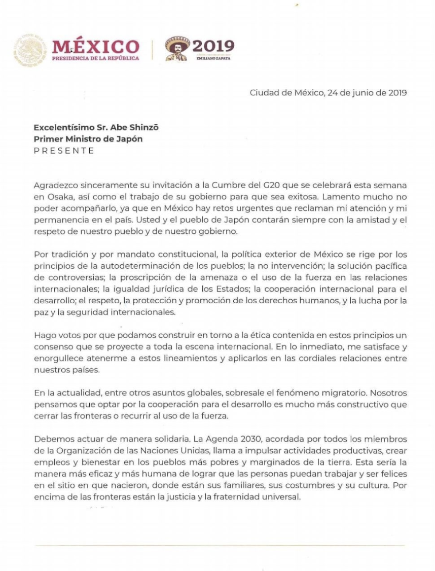 AMLO no asiste al G-20 por atender retos urgentes; destaca migración - carta-amlo-al-g20