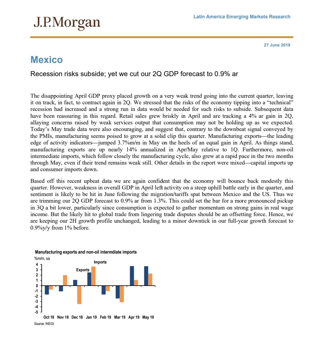 JPMorgan rebaja a 0.9 por ciento pronóstico de crecimiento para México - comunicado-de-jpmorgan-sobre-crecimiento-economico-de-mexico