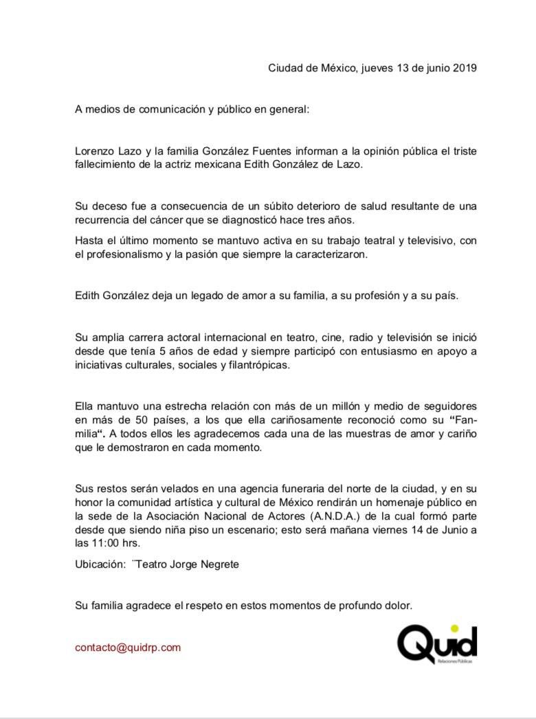 Muerte de Edith González se debió a deterioro súbito de su salud - comunicado-edith-gonzalez