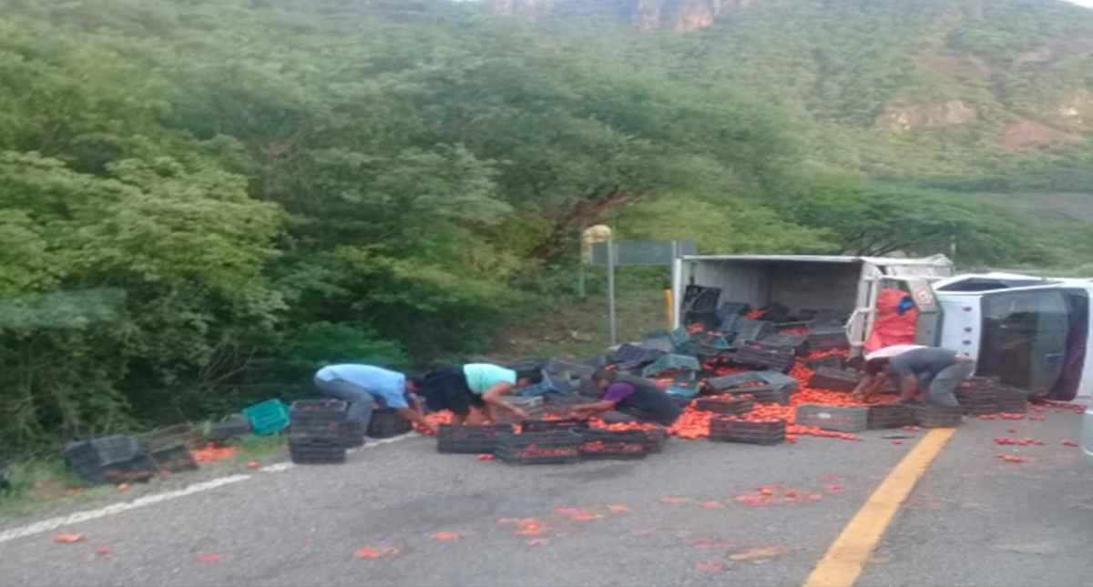 Volcadura de camioneta que trasladaba tomate deja un herido