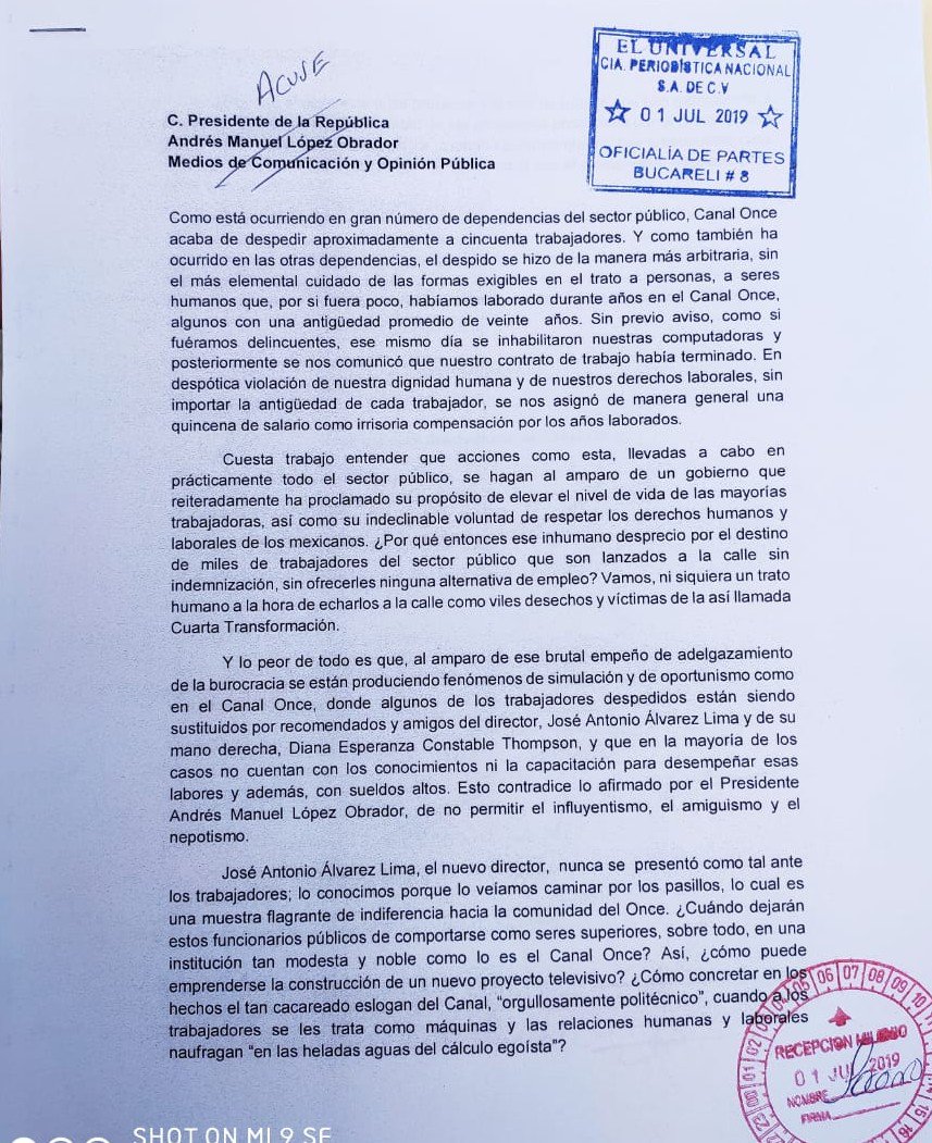 Trabajadores del Canal Once denuncian despido masivo e injustificado - canal-once-carta-trabajadores