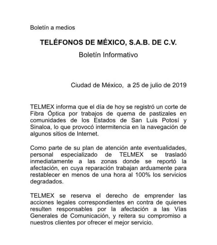 Quema de pastizales provocó fallas en Infinitum, explica Telmex - causas-afectaciones-telmex-comunicado