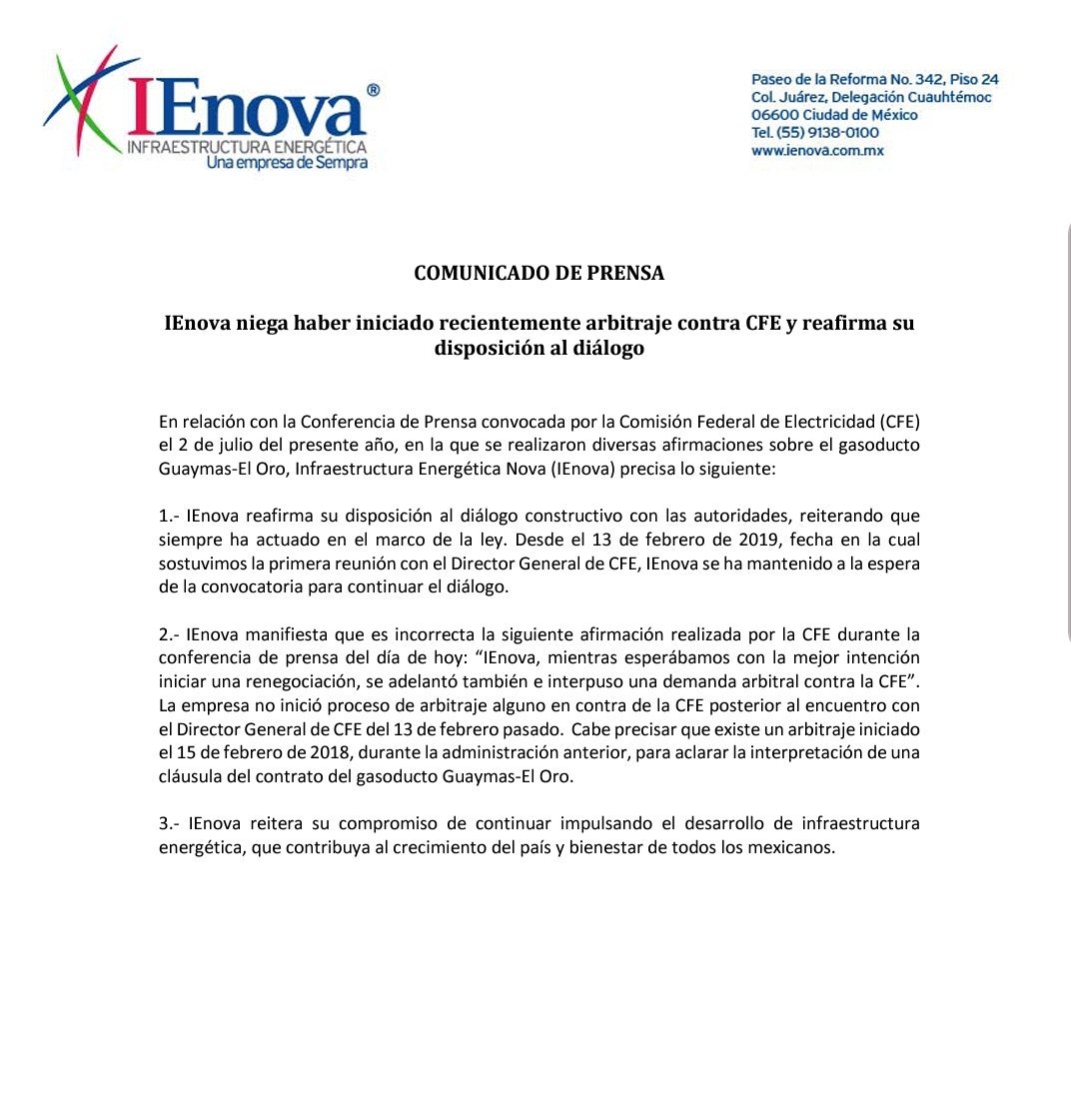 IEnova rechaza haber iniciado arbitraje contra la CFE - ienova-arbitraje-contra-cfe