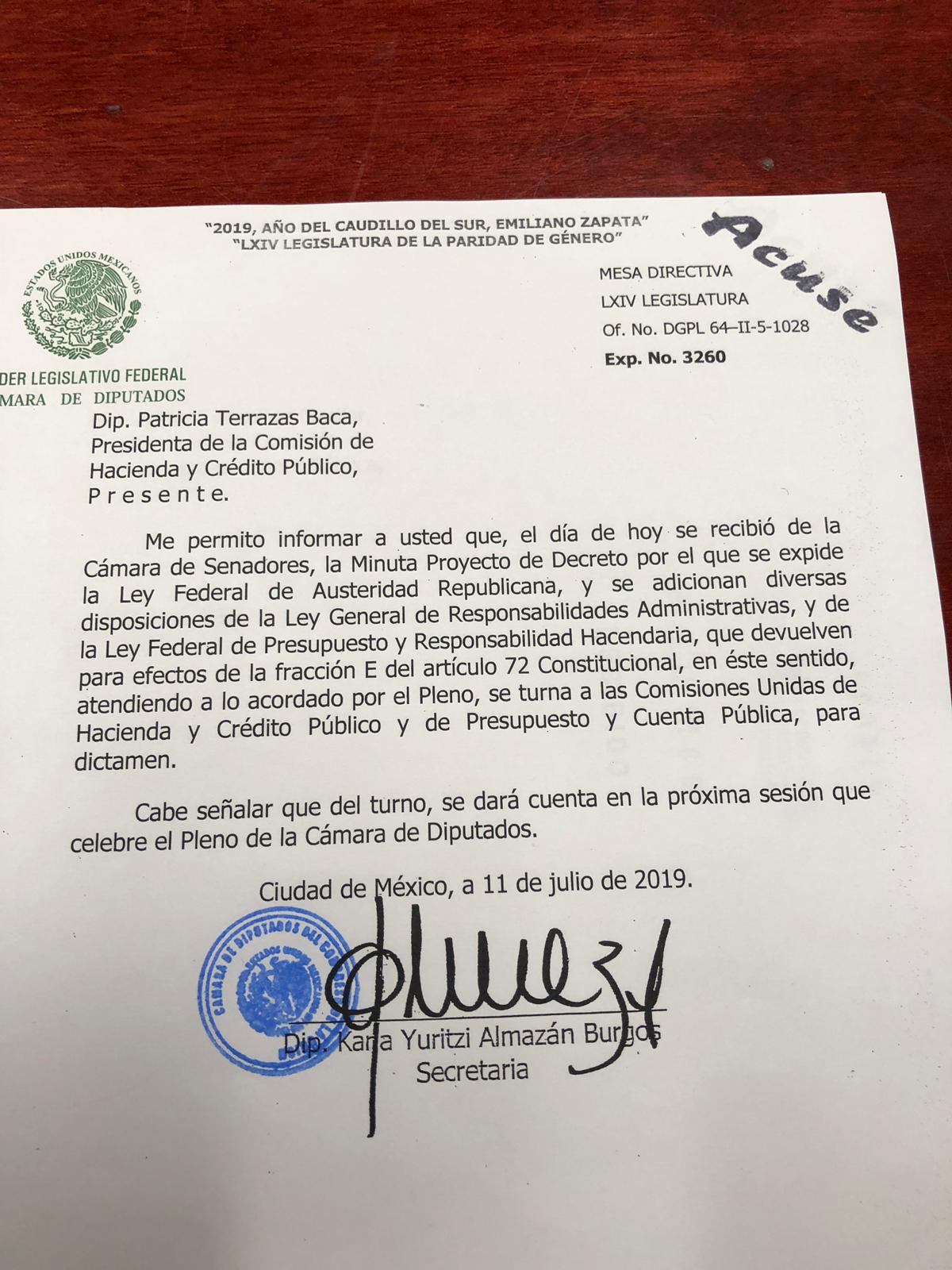 Senado entrega a diputados minuta de Ley de Austeridad Republicana - minuta-ley-de-austeridad