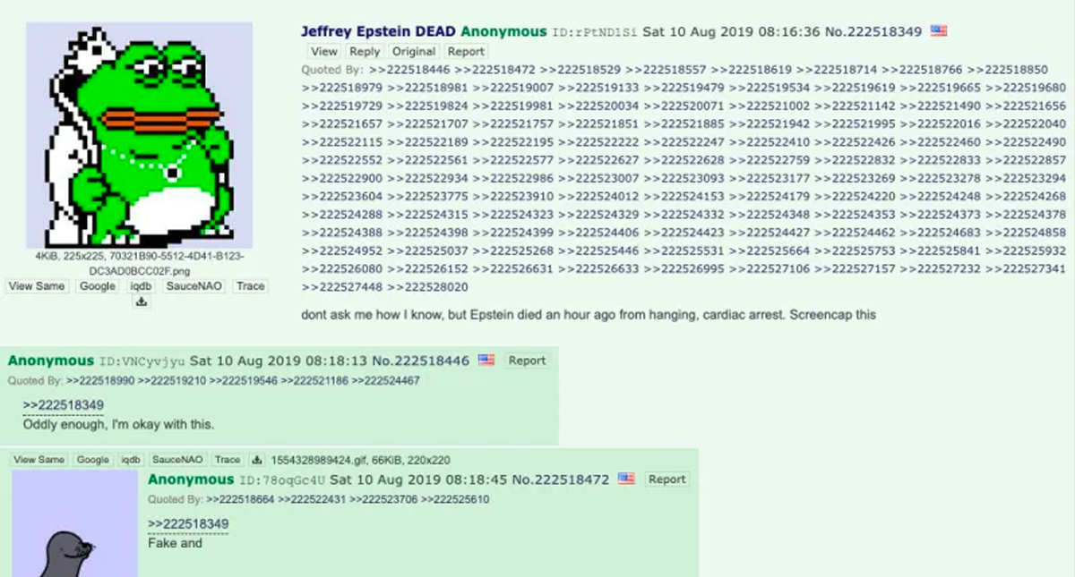 Muerte de Jeffrey Epstein se filtró primero por el foro 4chan - 4chan
