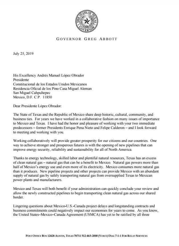 Texas pide a AMLO destrabar tema de gasoductos - abbott