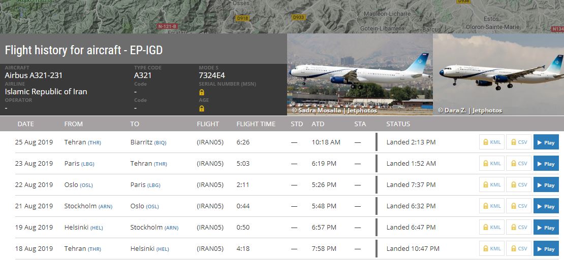 Avión oficial iraní aterriza en Biarritz, Francia durante cumbre del G7 - avion-oficial-irani-biarritz