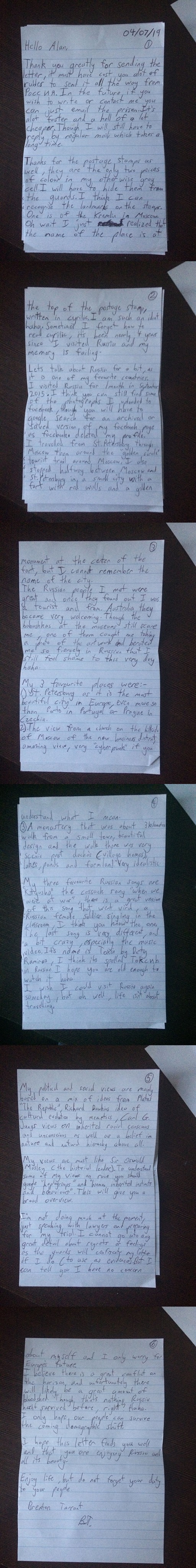 Atacante de mezquitas en Nueva Zelanda envía carta desde la cárcel - carta-de-brenton-tarrant