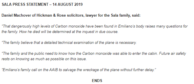 Descubren altos niveles de monóxido de carbono en sangre de Emiliano Sala - familia-sala-comunicado