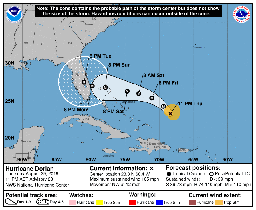 Riesgos por huracán Dorian aumentan en Florida y Bahamas - huracan-dorian-alerta-11-pm