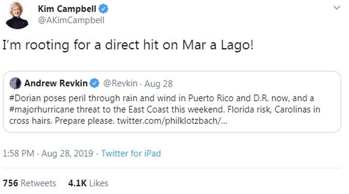 Ex primera ministra canadiense pide que Dorian golpee Mar-a-Lago - kim-campbell-tweet