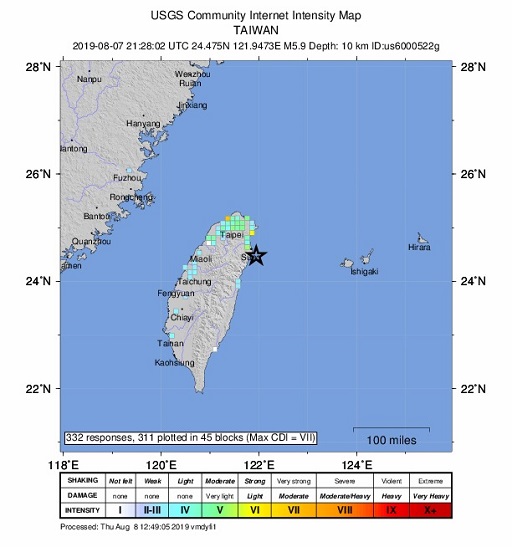 Sismo de magnitud 5.9 deja una mujer muerta en Taiwán - mapa-de-intensidad-de-temblor