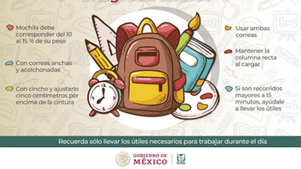 Mochilas deben pesar menos del 15 por ciento del peso del menor: IMSS
