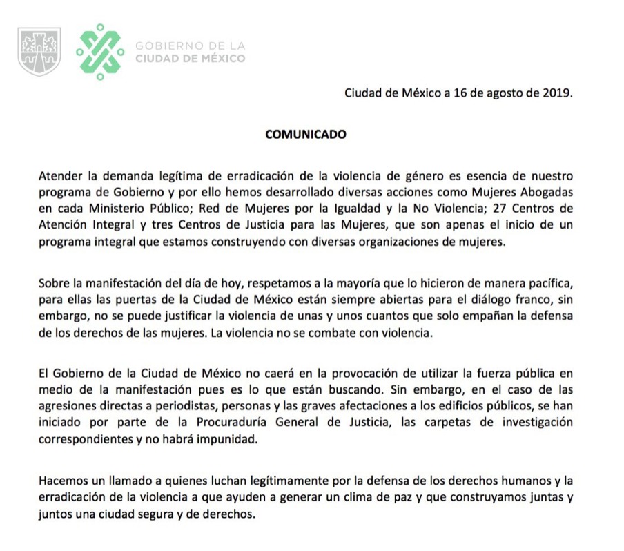 Comunicado del gobierno capitalino por violenta manifestación feminista - whatsapp-image-2019-08-16-at-92043-pm
