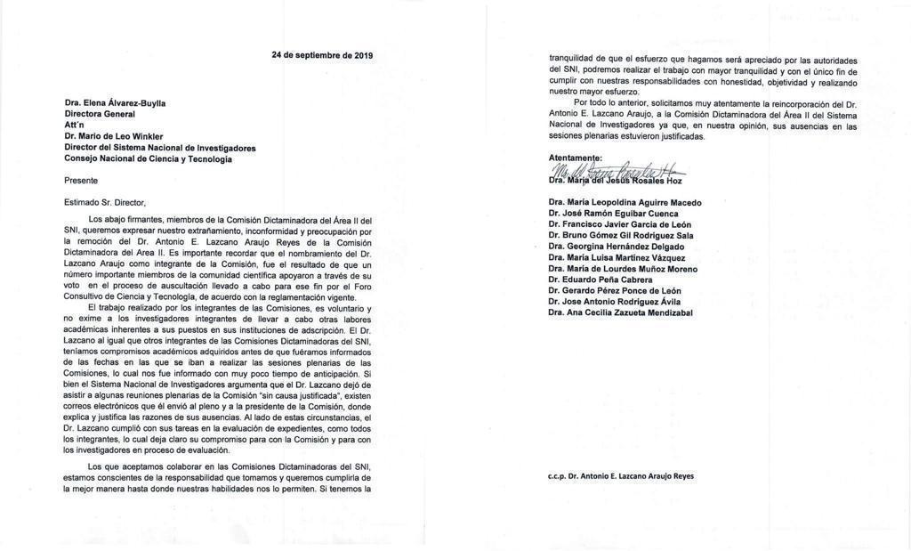 Miembros de la Comisión Dictaminadora piden restituir a Antonio Lazcano - carta-comision-lazcano