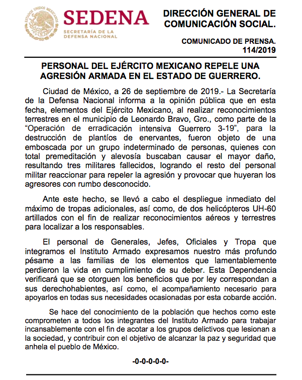 Tres militares muertos tras emboscada en Guerrero - comunicado-1