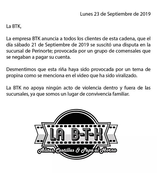 #Video Desatan batalla campal para no pagar la cuenta - comunicado-de-la-btk-por-pelea-en-su-restaurante-de-perinorte